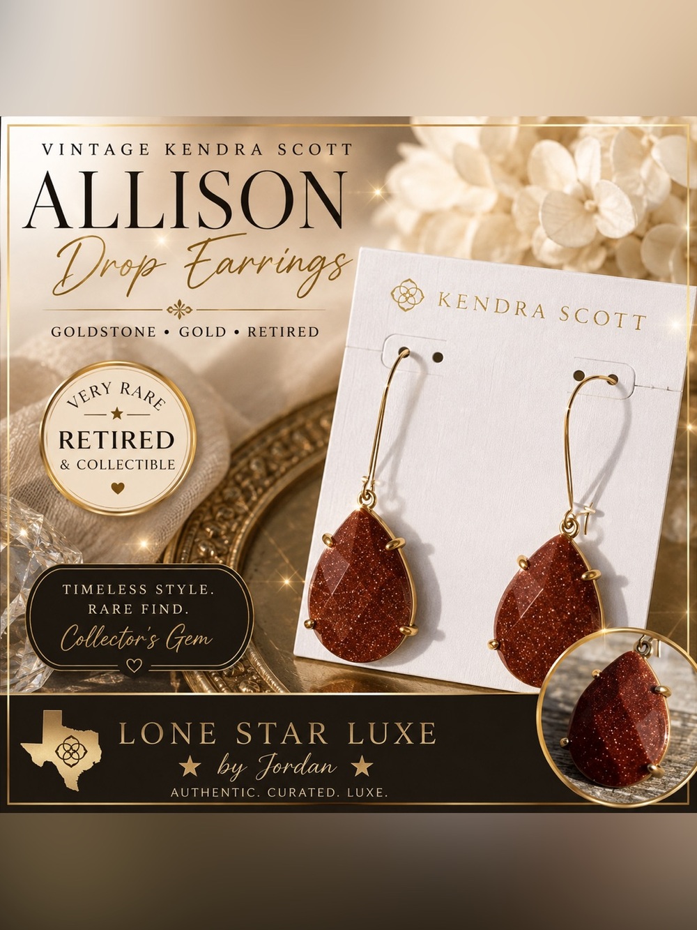 Vintage Kendra Scott Allison Drop Earrings • Goldstone • Gold • Retired
